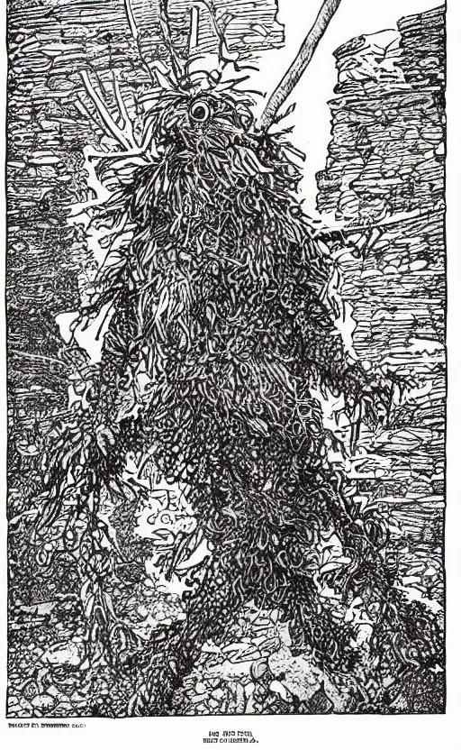 Image similar to an illustration of a fraggle, full body, standing in rectangular border, pen-and-ink illustration, etching, by Russ Nicholson, DAvid A Trampier, larry elmore, 1981, HQ scan, intricate details