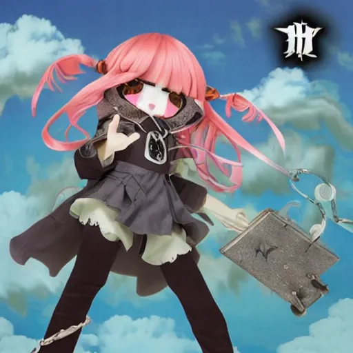 Prompt: cute fumo plush girl wizard, thunder strikes the top of a mountain, heavy metal album cover