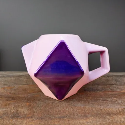 Image similar to icosahedron geodesic triangle pottery mug glazed with pearlescent purples and pinks