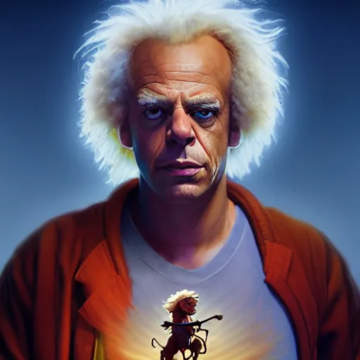 Image similar to portrait of doc brown, riding!!!!!!!!!!!!!!!!!!!, on lion king like on a horse, disney animation, sharp, illustration, sharp, fanart, anime key art by greg rutkowski, bloom, dramatic lighting sharp focus, cinematic, artbook, smooth, centered