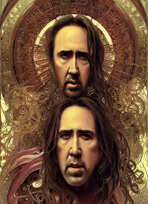 Image similar to Nicolas Cage as God of Hell, brutal, fantasy, intricate, elegant, highly detailed, digital painting, 4k, HDR, concept art, smooth, sharp focus, illustration, art by alphonse mucha,artgerm, H R Giger