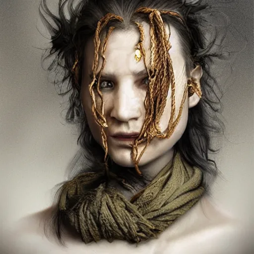 Image similar to portrait of a Shibari rope wrapped face and neck, headshot, insanely nice professional hair style, dramatic hair color, digital painting, of a old 18th century, tourist, wrap around eye patch, amber jewels, baroque, ornate clothing, scifi, realistic, hyper detailed, child, chiaroscuro, concept art, art by Franz Hals and Jon Foster and Ayami Kojima and Amano and Karol Bak,