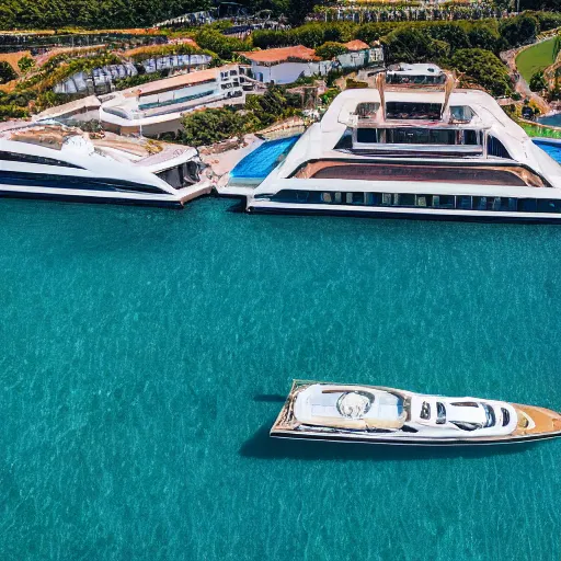 Prompt: gold plated mega yacht with two swimming pools and a helicopter landing pad, drone shot, docked at harbor, clear and focused, elegant, photograph