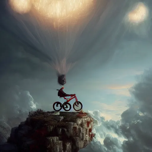 Image similar to A fancy portrait of a happy man flying in the sky on his bicycle in the clouds, perfect expression, Greg Rutkowski, Maciej Kuciara, 8k photorealistic, volumetric lighting, HD, high details, dramatic, warm atmosphere, trending on artstation