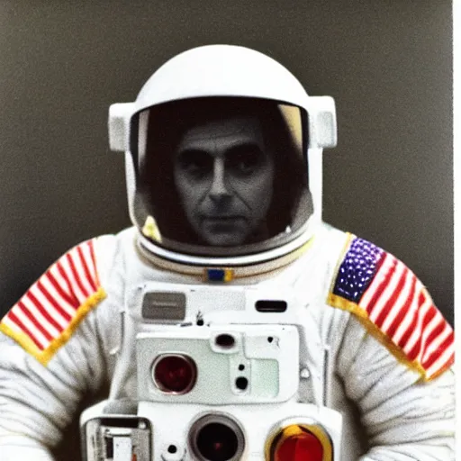 Image similar to polaroid of carl sagan in a spacesuit