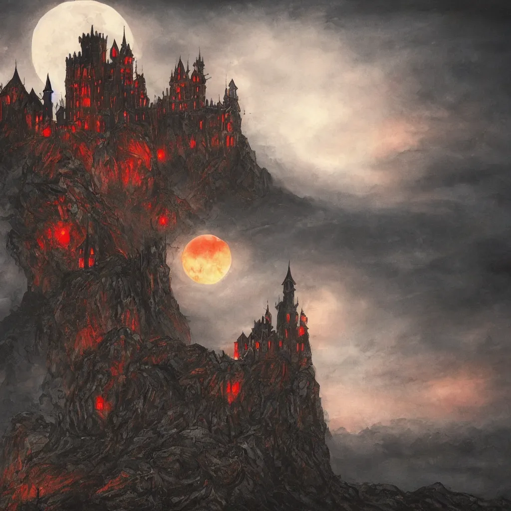 Prompt: A beautiful painting of a gothic castle on a cliff, a red moon shining at night, dark fantasy, dark soul, elden ring, 8k