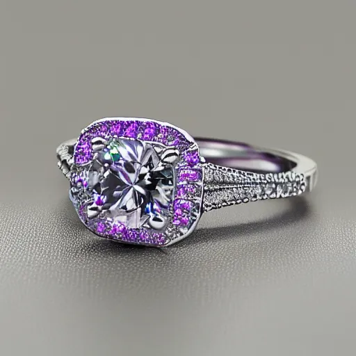 Image similar to a beautiful engagement ring made out of silver and purple fire, high quality, photo realistic, detailed, 8k