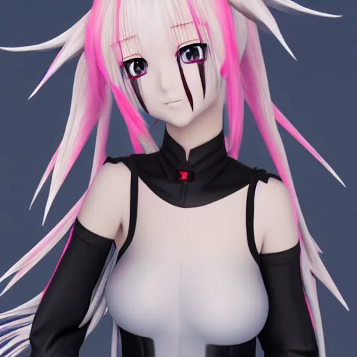 Image similar to anime girl, 3 d rendered, red eyes, white haired, horn on head, cute