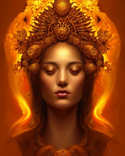 Image similar to portrait of the goddess of golden fire, unusual beauty, flowers and plants, emotionally evoking symbolic metaphors, head in focus, fantasy, ornamental, intricate, elegant, sensual, highly detailed digital painting, artstation, concept art, painterly, golden ratio, sharp focus, illustration