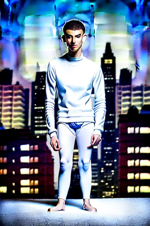 Image similar to un ultra high definition studio quality photographic art portrait of a young man standing on the rooftop of a british apartment building wearing soft padded silver pearlescent clothing. three point light. extremely detailed. golden ratio, ray tracing, volumetric light, shallow depth of field. set dressed.