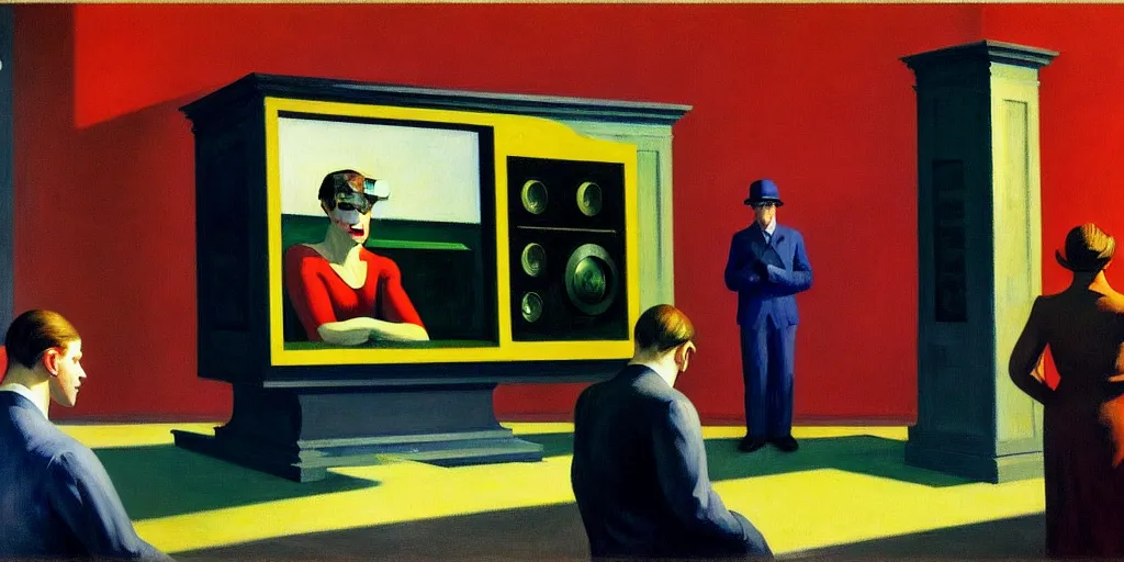 Image similar to edward hopper painting of a crt television broadcasting propaganda outside of the screen, lots of people standing around with no eyes. one normal person with eyes, a young man, frightened about what is going on around him s 1 5 0