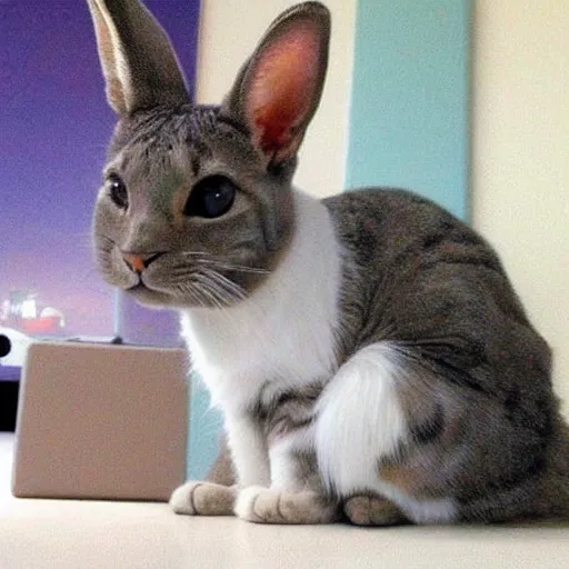 Prompt: a fusion between a cat and a rabbit, realistic picture