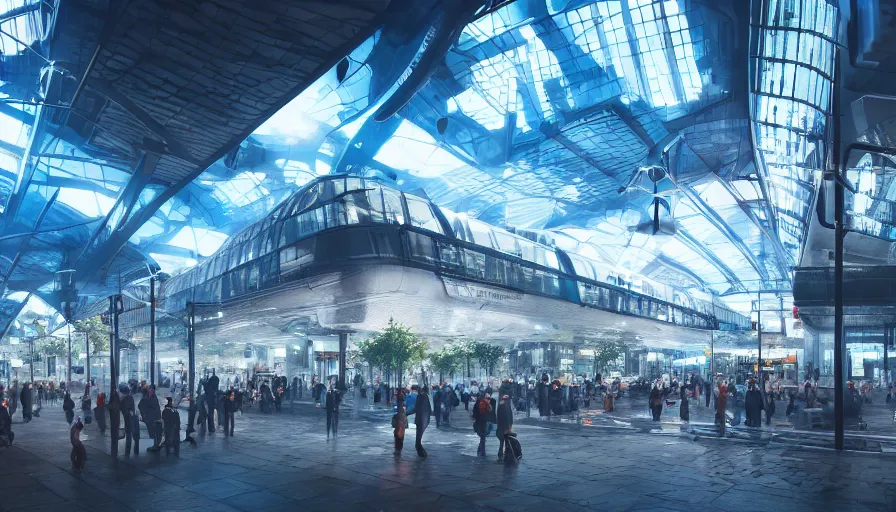 Prompt: outside view of futuristic manchester and giant white glass train station with blue lights, crowded square, trains, trees, volumetric light, hyperdetailed, artstation, cgsociety, 8 k