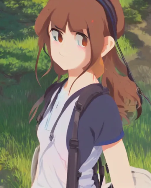 Image similar to a full shot of a teenage girl on a hike, moe, kawaii, pretty, lovely, detailed face, digital art by makoto shinkai and claude monet