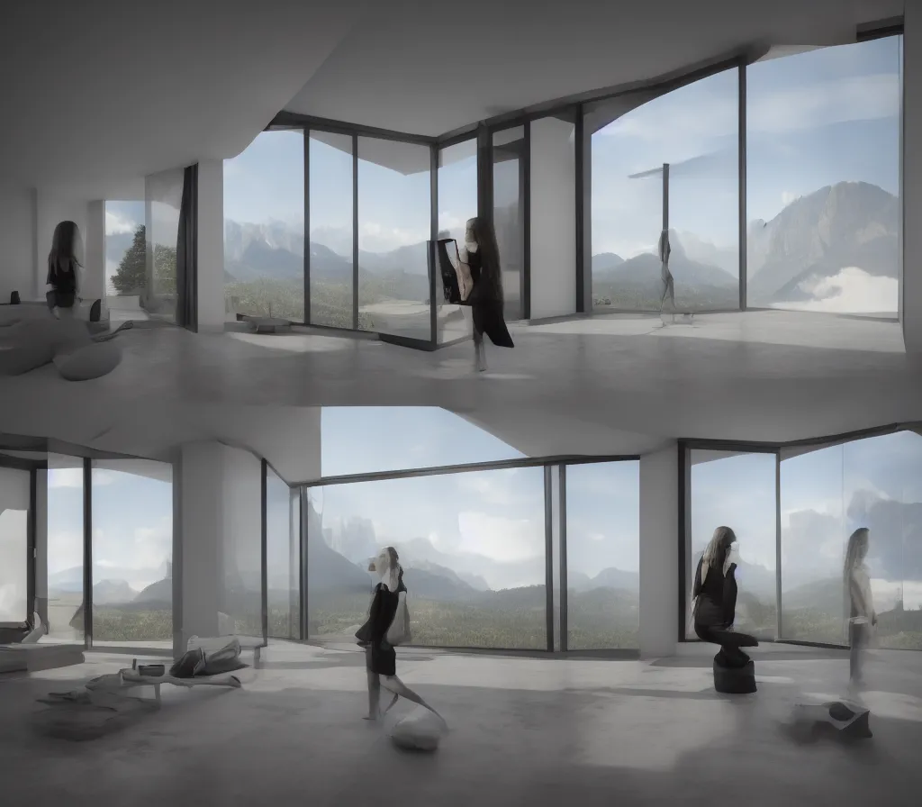 Image similar to View from inside of a modern minimalist house, a beautiful girl is observing the sunset through the giant window in front of her with a panoramic view of the dolomites, the sky is full of amazing clouds with an incredible charm tone, matte painting, hyper realistic, concept art, 4k, 8k, cinematic composition, cgsociety, HD, highly detailed, octane render, unreal engine 5, trending on artstation, shaders