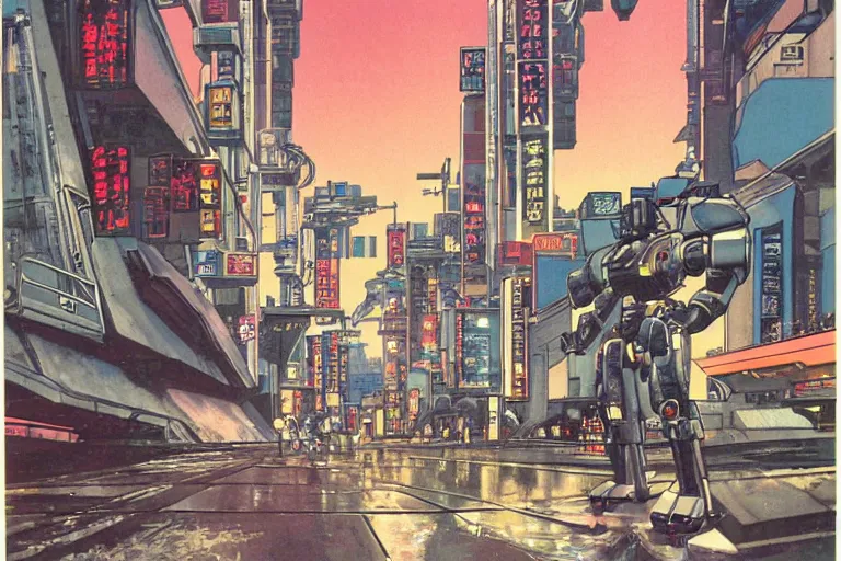 Image similar to 1 9 7 9 science fiction depicting mechwarrior walking at street level in neo - tokyo with beautiful scenery. art by tim conrad and vic bonilla