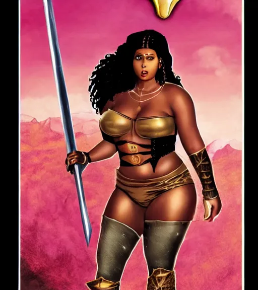 Image similar to 1 9 8 0 s fantasy novel book cover, plus size amazonian nicki minaj in extremely tight bikini armor wielding a cartoonishly large sword, exaggerated body features, dark and smoky background, low quality print