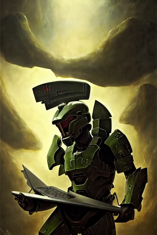 Image similar to hieronymus bosch, greg rutkowski, anna podedworna, painting of halo spartan armor laughing at a laptop