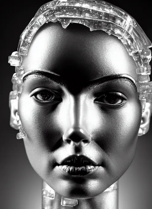 Image similar to a young female cyborg bust made of ice, dramatic, ilford hp 5, closeup - view, f / 2. 8, high contrast, 1 6 k, fluorescent lamp, contre - jour, insanely detailed and intricate, hypermaximalist, elegant, ornate, hyper realistic, super detailed