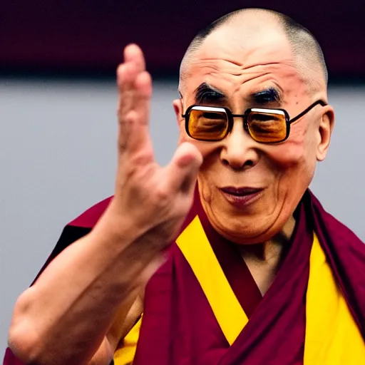 Image similar to furious dalai lama punches the camera