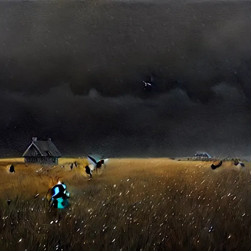 Prompt: A field full of crows, thousands of crows, a single wooden house nearby, stormy weather, dark sky, art by greg rutkowski, trending on artstation.