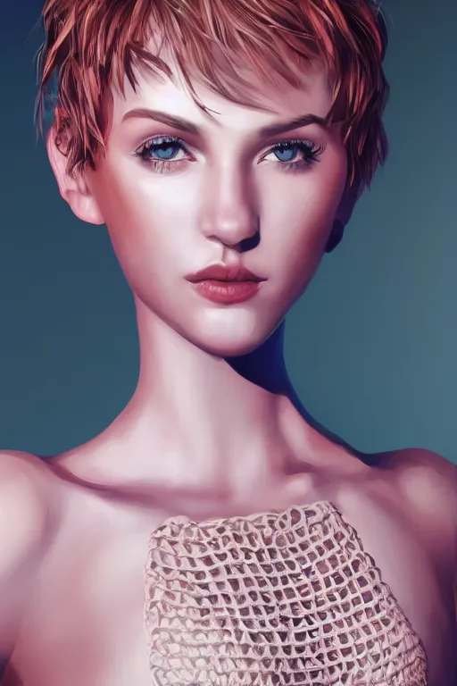 Prompt: Female model with short hair wearing a crocheted croptop, digital painting, small chest, artstation, full body realistic portrait, HD, dramatic lighting, highly detailed,