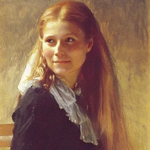 Image similar to Young gwyneth paltrow in a victorian blouse, vintage shading, by Ilya Repin