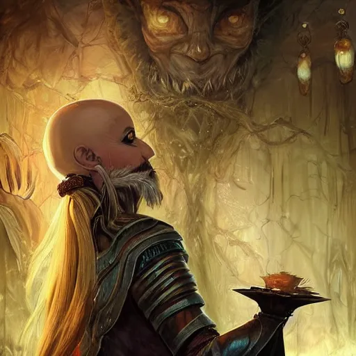 Image similar to 8k highly detailed fantasy illustration by Anato Finnstark of a female giantess character from Dungeons and Dragons, she has pale blue skin!!!, bald shaved head!!!, dressed like a warrior monk, she is seated in a crowded tavern drinking large mugs of mead, she has white eyes!!!, gambling with friends-g