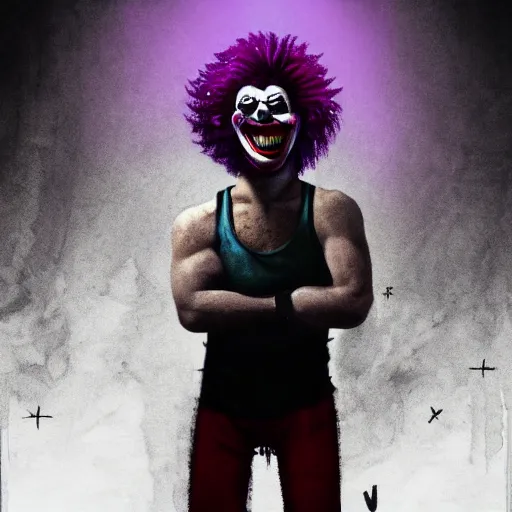 Prompt: Evil clown Big smiling mouth, black round nose, spiky hair, worn striped tank top emerging from a digital tablet. Very textured, hyper detailed, fog ambience cinematic, purple light, dark