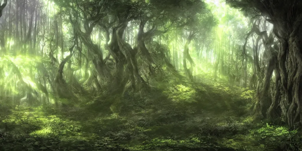 Prompt: a beautiful spiritual forest panorama concept art, by masanori warugai and kentaro miura, atmospheric light