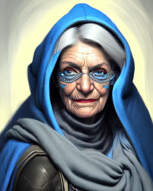 Image similar to ana from overwatch, older woman, gray hair, blue hooded cloak, character portrait, portrait, close up, highly detailed, intricate detail, amazing detail, sharp focus, vintage fantasy art, vintage sci - fi art, radiant light, caustics, by boris vallejo