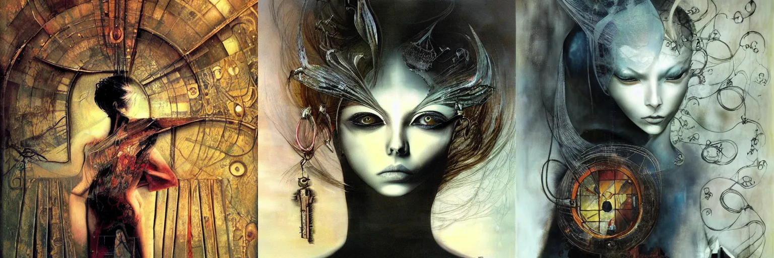 Prompt: she dreams a past she hasn't lived, she holds the key to the gate to reality outside this virtual world, oil on canvas by dave mckean and yoshitaka amano.