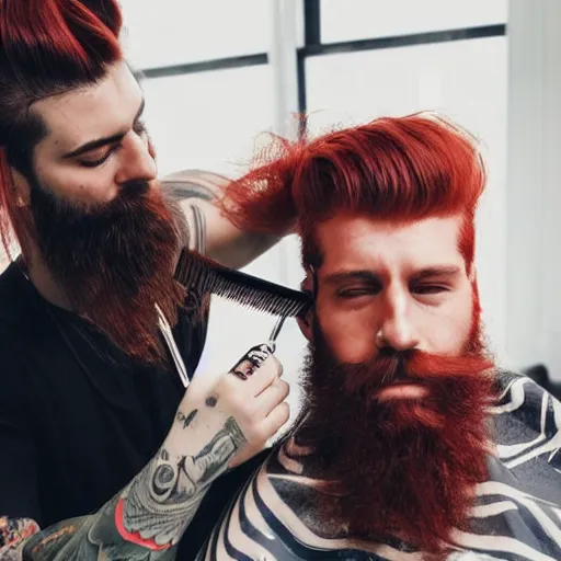 Prompt: a man with a dark beard and tattoos giving a haircut to a woman with long straight red orange hair