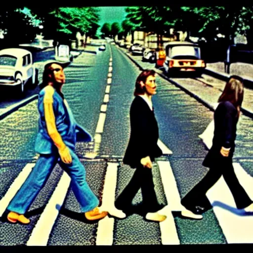 Image similar to full-color photo taken in 1969 of: On Abbey Road in London, an elderly male Frankenstein monster is doing a groovy dance as he slowly walks toward the camera. The top of his head is flat. He is wearing a kitschy stylish 1960s outfit. One of his eyeballs is joo-joo. He is a holy roller. He has long hair that has grown down to his knees. He is probably a joker because he does whatever pleases him. Professional promotional photograph released by Apple Records.