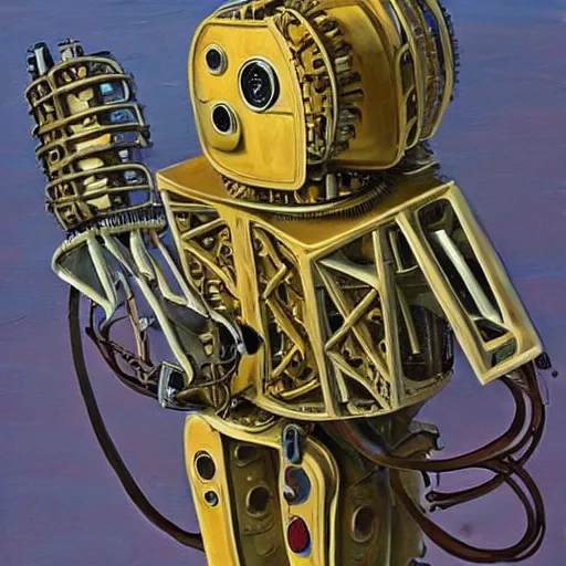 Prompt: a highly detailed retro futuristic robot with gears and other mechanical parts made out of pasta going for a walk outside, a robot made out of pasta, painting by Jim Burns