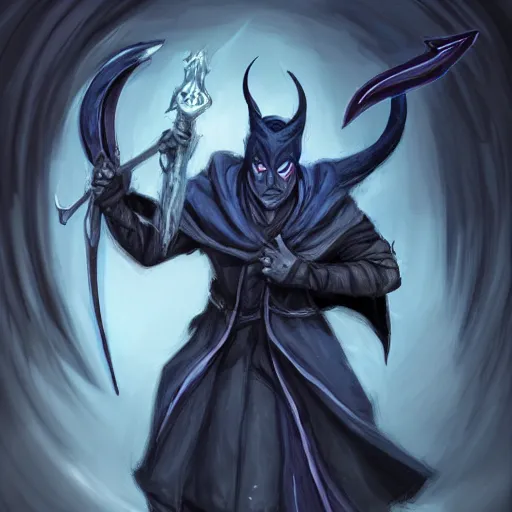 Image similar to D&D character concept art of a cloaked tiefling, tiefling rogue, blue skin color with short horns and a devil tail, fighting pose of a Rogue holding daggers, black cloak hidden in shadows, full body pose, soft colors, fantasy, intricate, elegant, highly detailed, digital painting, artstation, concept art, smooth, sharp focus, illustration, wide angle shot, full body visible, art by artgerm and H R Giger and alphonse mucha