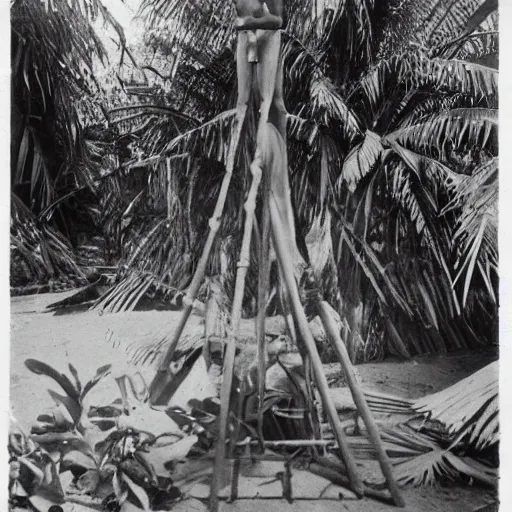 Image similar to a rizom lost film footage of a sacred ( ( ( indigenous ) ) ) artifact in the middle of the ( ( ( ( ( ( ( ( ( ( tropical jungle ) ) ) ) ) ) ) ) ) ) / ethnographic object / film still / cinematic / enhanced / 1 9 0 0 s / black and white / grain