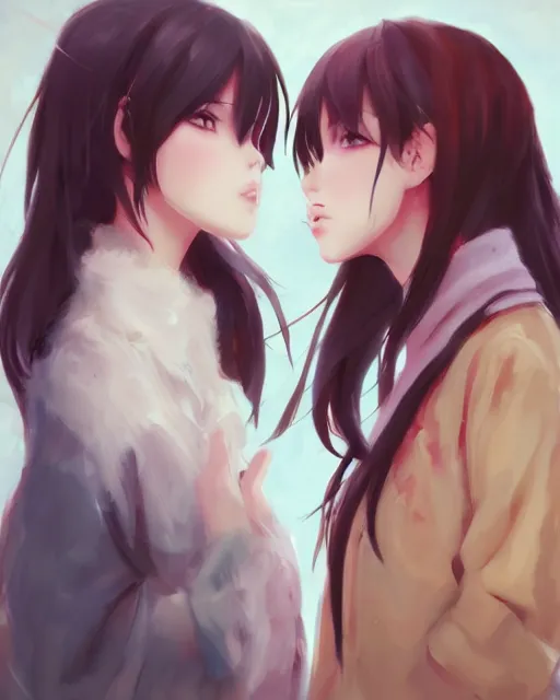 Image similar to portrait of two girls kissing, anime, drawn by WLOP, trending on Artstation