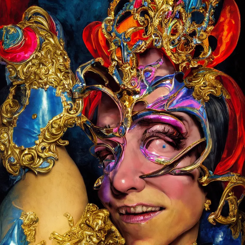 Prompt: a baroque neoclassicist close - up portrait of a colorful uv jester wearing an iridescent retrofuturistic venetian carnival mask at a masquerade, large marble architecture in background. renaissance portrait painting. highly detailed science fiction painting by norman rockwell, frank frazetta, and syd mead. rich colors, high contrast, gloomy atmosphere, dark background. trending on artstation