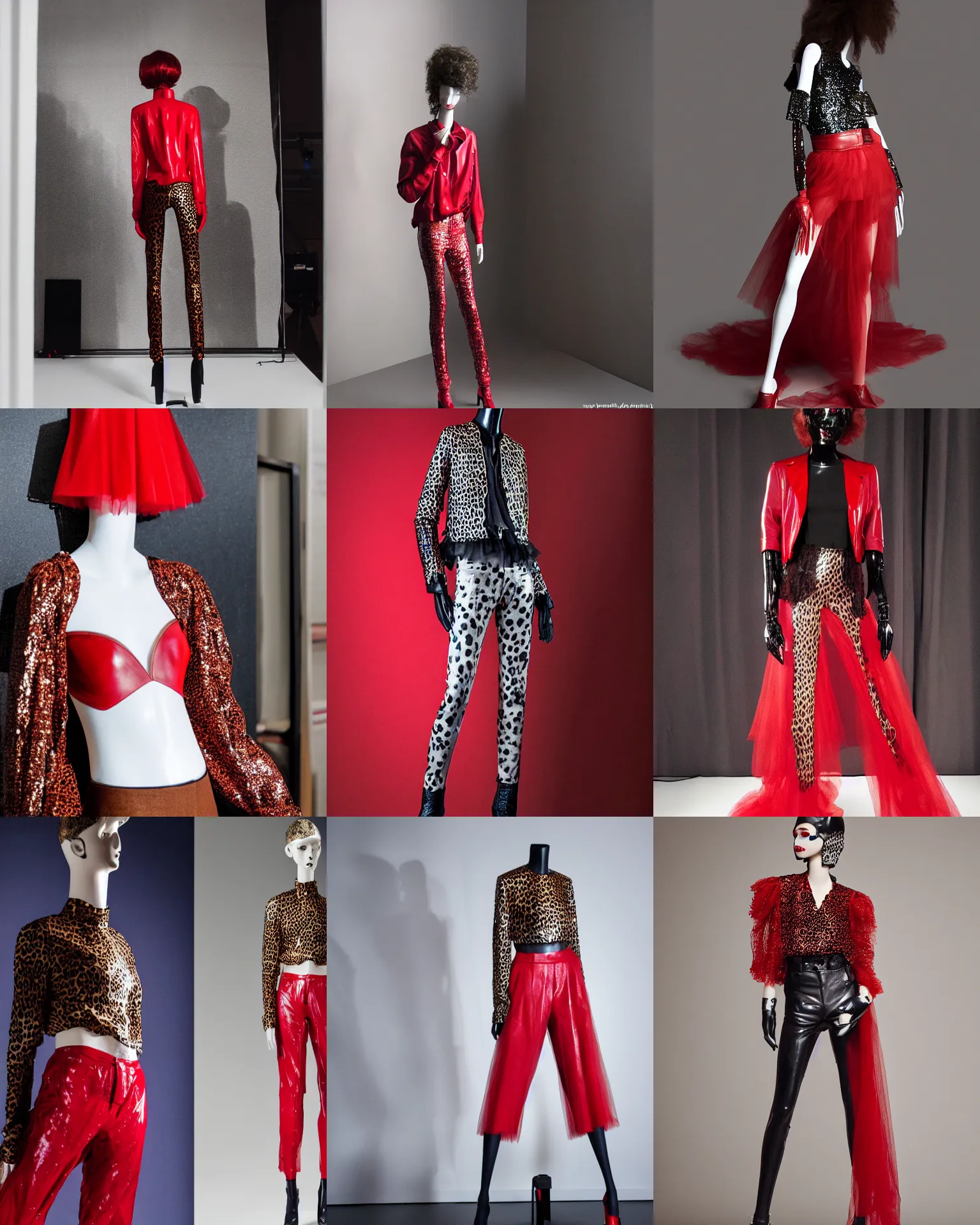 Prompt: A mannequin wearing a red tulle leather blouse and Leopard pants with red sequins down sides, Studio Lighting