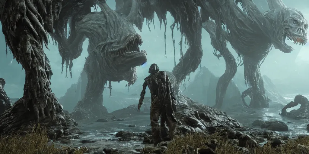 Image similar to a hp lovecraft monster boss fight in interior in beautiful world realistic graphic firstperson game, realistic, ultra setting, highly detailed, fps game, game of the year, raytracing on, rtx 3 0 9 0 ti, gta v, death stranding game