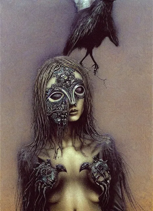 Image similar to full body girl in detailed ornamental mask of crow by Beksinski and Luis Royo