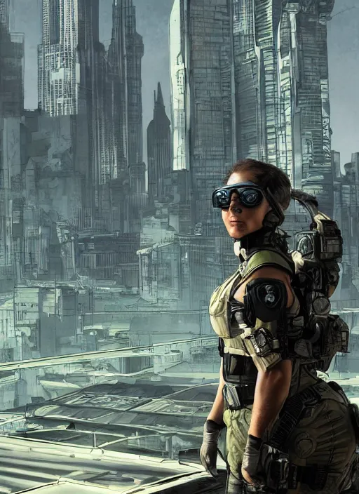 Image similar to Sonya. USN special forces operator looking at city skyline. Agent wearing Futuristic stealth suit. rb6s, MGS, and splinter cell Concept art by James Gurney, Alphonso Mucha.