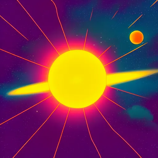 Image similar to cinematic view of sun on space, style by kurzgesagt