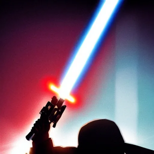 Image similar to donald trump with a lightsaber, dynamic lighting, highly detailed