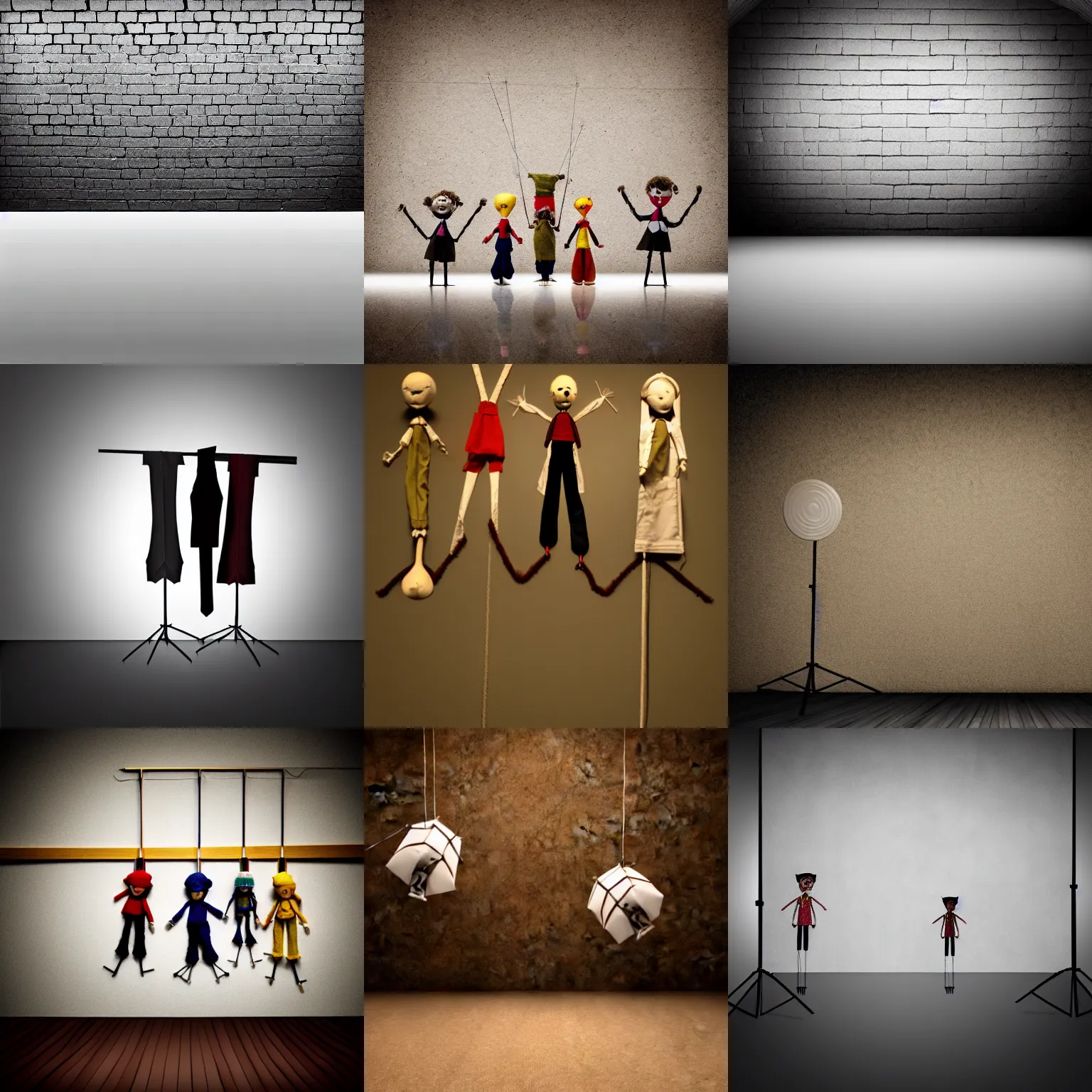 Prompt: marionettes, rule of thirds, studio lighting, random wall or scenery background