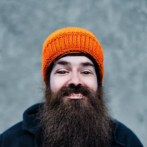 Prompt: A bearded wizard with an orange beanie, (EOS 5DS R, ISO100, f/8, 1/125, 84mm, postprocessed, crisp face, facial features)