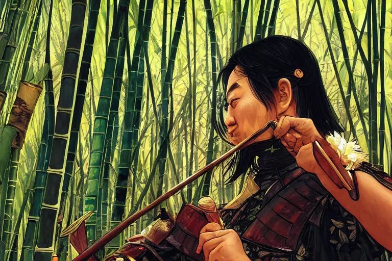 Image similar to close up of a wounded samurai in full armor being tendered by a kunoishi, in a mysterious and bamboo forest, golden hour, by fiona staples, range murata, alphonse mucha