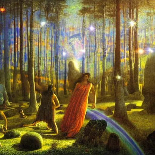 Image similar to psychedelic morning in the middle of the day lush pine forest, outer space, milky way, designed by arnold bocklin, jules bastien - lepage, tarsila do amaral, wayne barlowe and gustave baumann, cheval michael, trending on artstation, star, sharp focus, colorful refracted sparkles and lines, soft light, 8 k 4 k