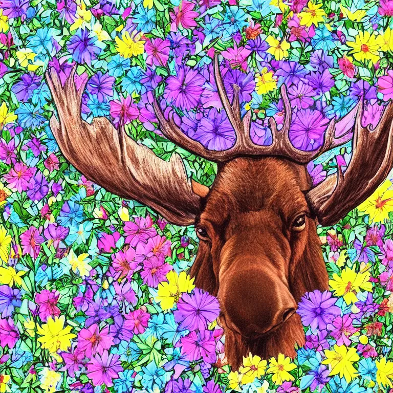 Prompt: A moose wearing a crown of flowers, digital art